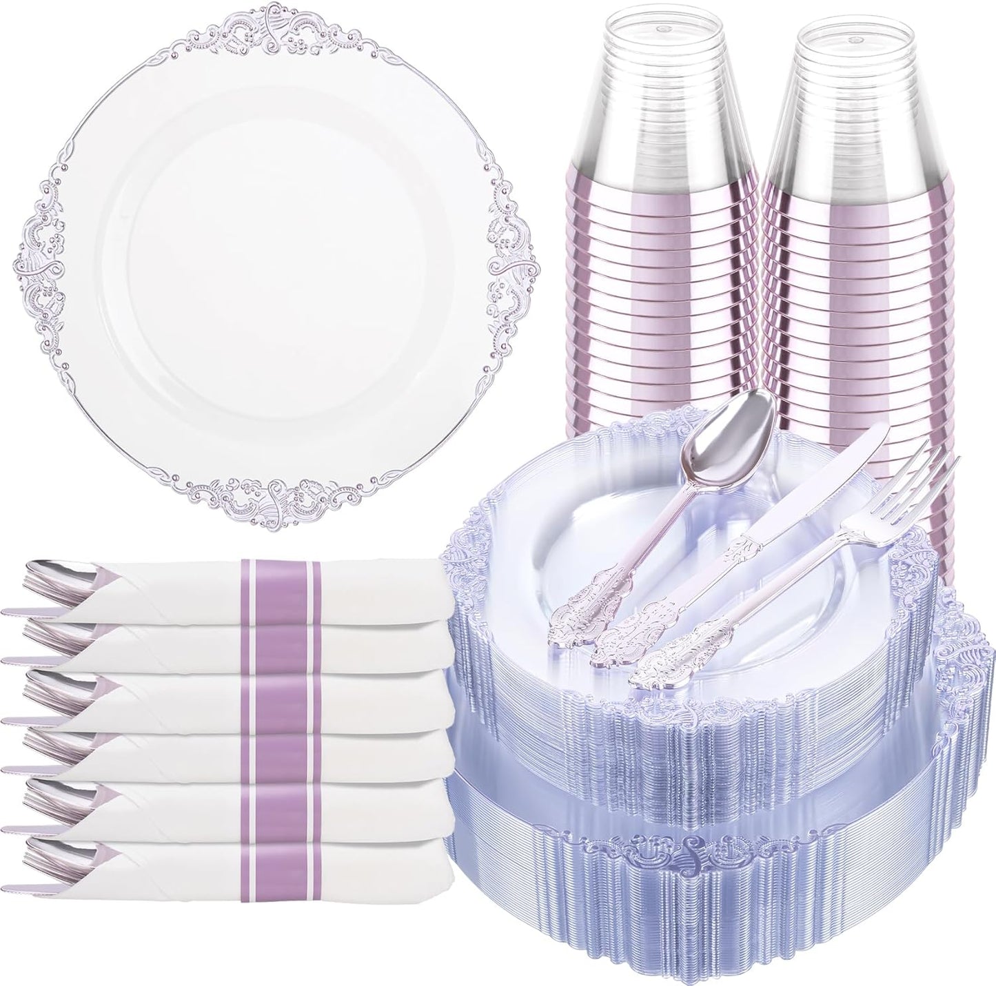 Hioasis 175pcs Clear Purple Plastic Plates - Elegant Disposable Dinnerware Set Suitable for 25 Guests Include 10.25" Dinner & 7.5" Dessert Plates, Pre Rolled Silverware Set, Cups for Party & Wedding