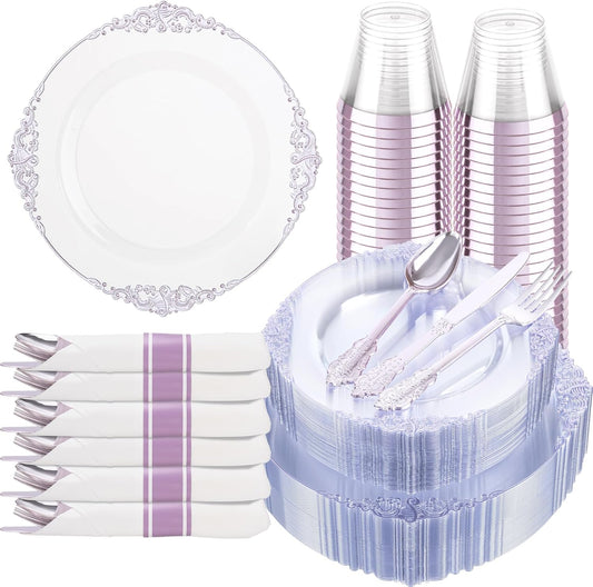 Hioasis 175pcs Clear Purple Plastic Plates - Elegant Disposable Dinnerware Set Suitable for 25 Guests Include 10.25" Dinner & 7.5" Dessert Plates, Pre Rolled Silverware Set, Cups for Party & Wedding