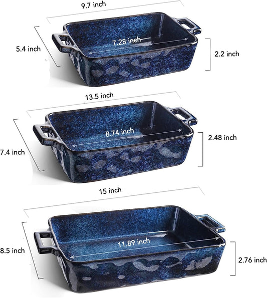 VICRAYS Ceramic Bakeware Set, Porcelain Rectangular Lasagna Pans Casserole Dish Set for Baking, Cooking, Kitchen, Cake Dinner, Banquet and Daily Use, 3 PCS, 15 x 8.5 Inches(Blue)