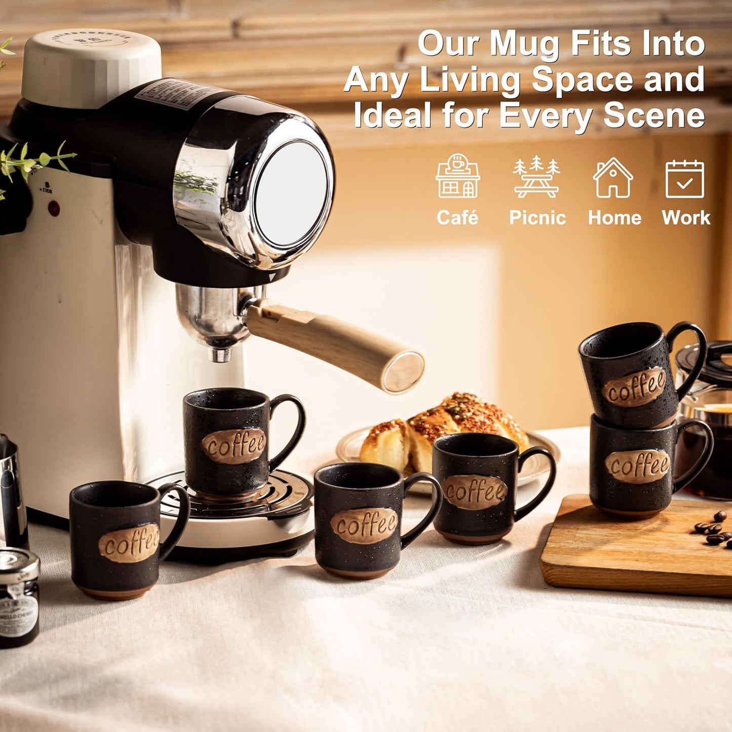 LYEOBOH Coffee Cups, Espresso Cups, Tea Cup, Coffee Mugs Set of 6, 3 oz Ceramic Espresso Cups, Cute Mini Demitasse Cups with Handle for Coffee Bar & Home Microwave & Dishwasher Safe, Black