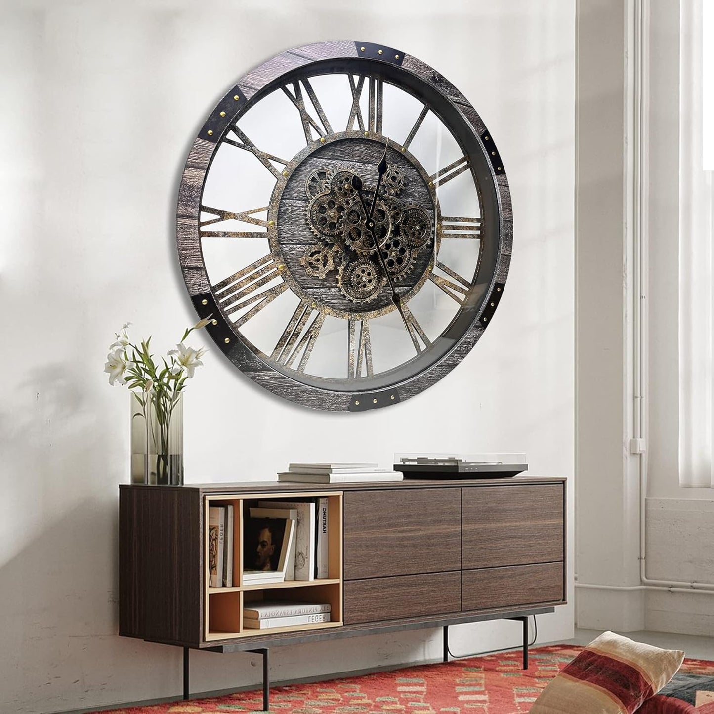 DORBOKER 36" Extra Large Wall Clock with Moving Gears, Oversized Giant Industrial Steampunk Rustic Clocks for Wall Decor Living Room Home Office, Solid Wood Retro Metal,Carbon Grey