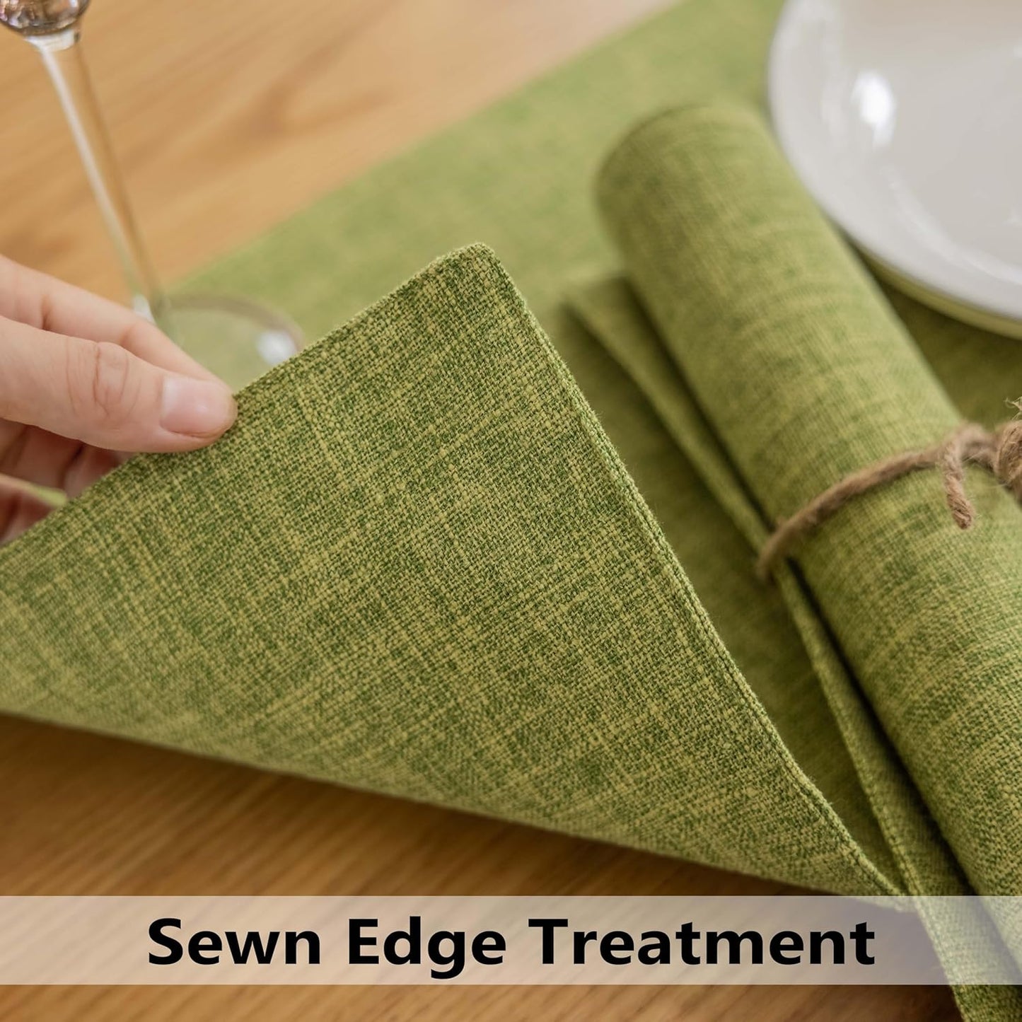 Demetex Table Placemats Set of 8 Olive Green Linen Place Mats Washable Fabric Plate Mats for Picnic Camping Barbecue, 13x19 inch, Lime Green