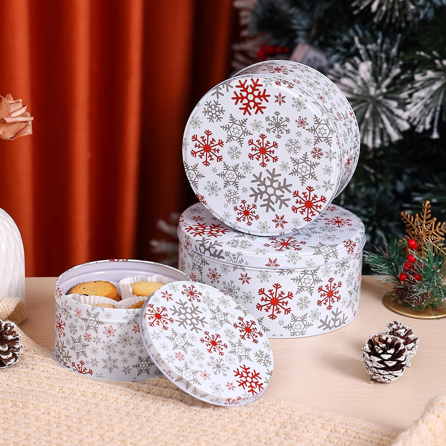 Cookie Tins Round Storage Tins for Christmas Gift Giving, Extra Thick Metal - Large, Medium and Small Sizes (6)