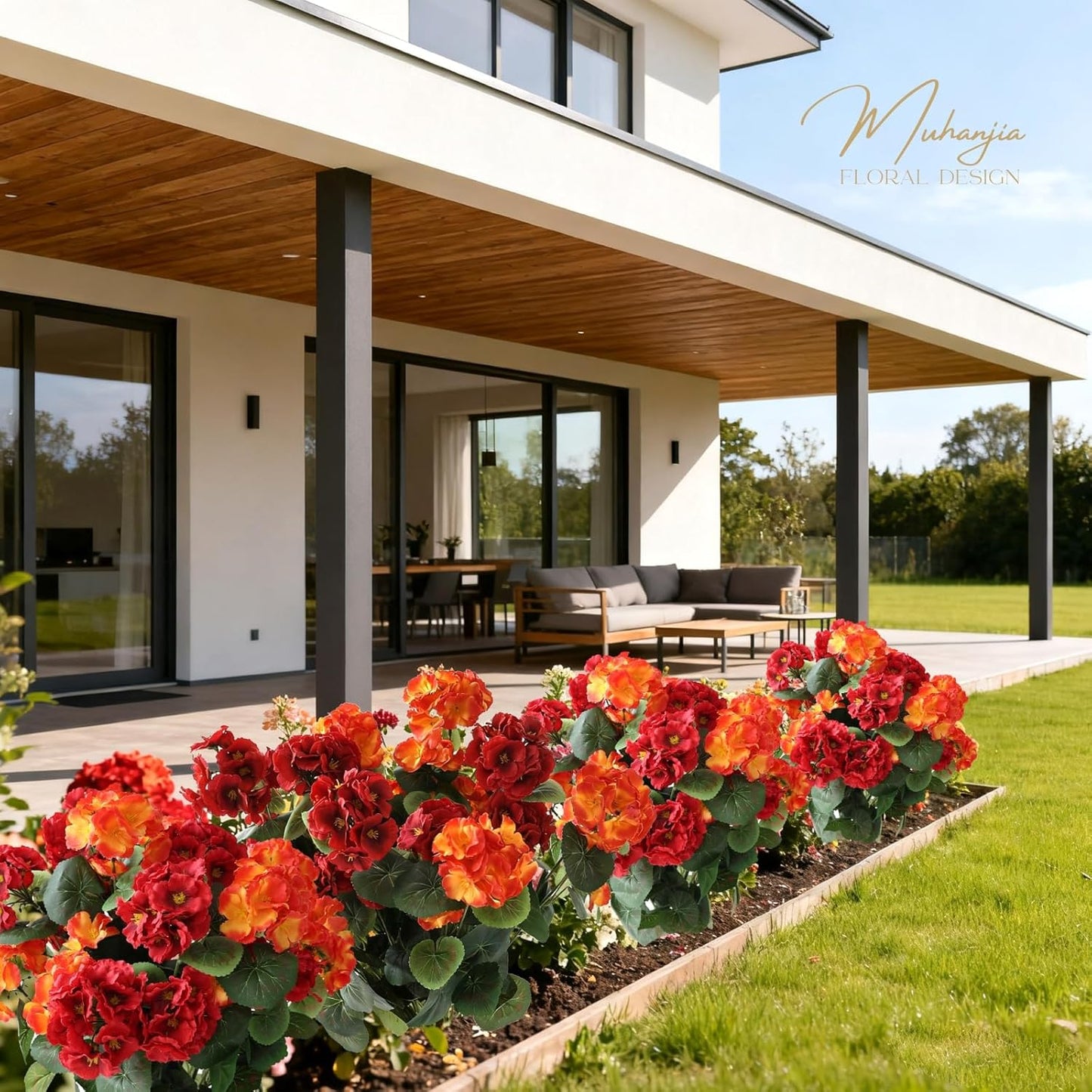 26’’ Artificial Geranium Flowers for Outdoor Decoration,2PCS Silk Geranium Flowers UV Resistant Floor Plants for Garden Porch Patio Table Centerpieces Home Decor (Red&Orange)