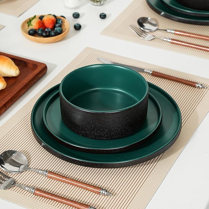 12 Piece Ceramic Dinnerware Set for 4, Modern Minimalist Stoneware Dinner Plates and Bowls, Microwave Safe, Dishwasher Safe, Versatile for All Seasons, Matte Green