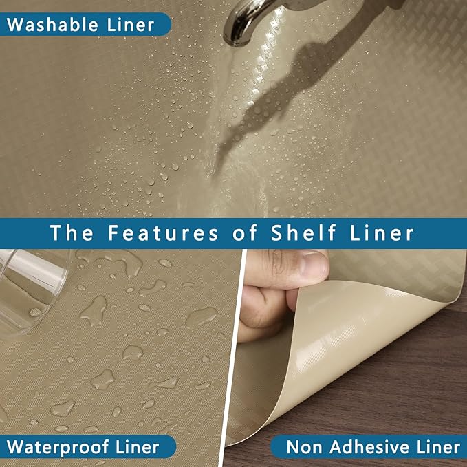 HooTown Kitchen Shelf Liner Drawer Liners, 11.8"W x 157.5"L Non-Adhesive Cabinet Cupboard Liners Refrigerator Waterproof Fridge Mat with Durable Kitchen Cabinet Mat for Drawers, Shelves, Pantry, Khaki