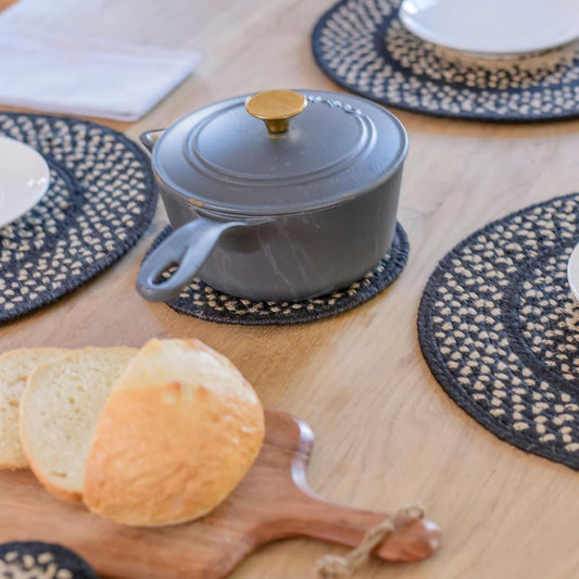 Homespice Manchester Jute Braided Trivets for Table, Country Primitive Decor, Set of 3, Black and Tan 8" Round Heat Resistant Mats - Rich Colors, Easy to Clean, Durable and Protects Furniture