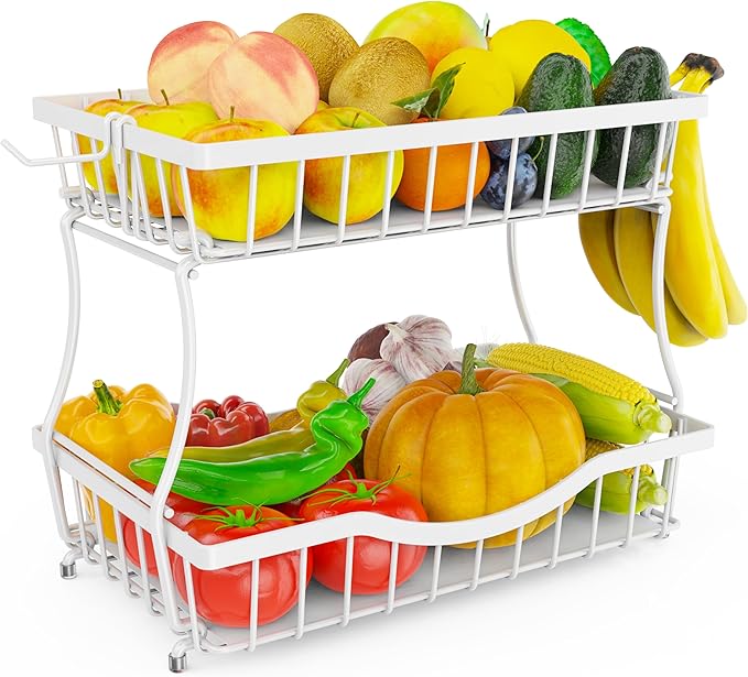 Large 2-Tier Fruit Basket for Kitchen Counter with 2 Banana Hangers – Metal Fruit Bowl for Onion, Vegetable, Snacks, Breads Storage – Countertop Organizer – White