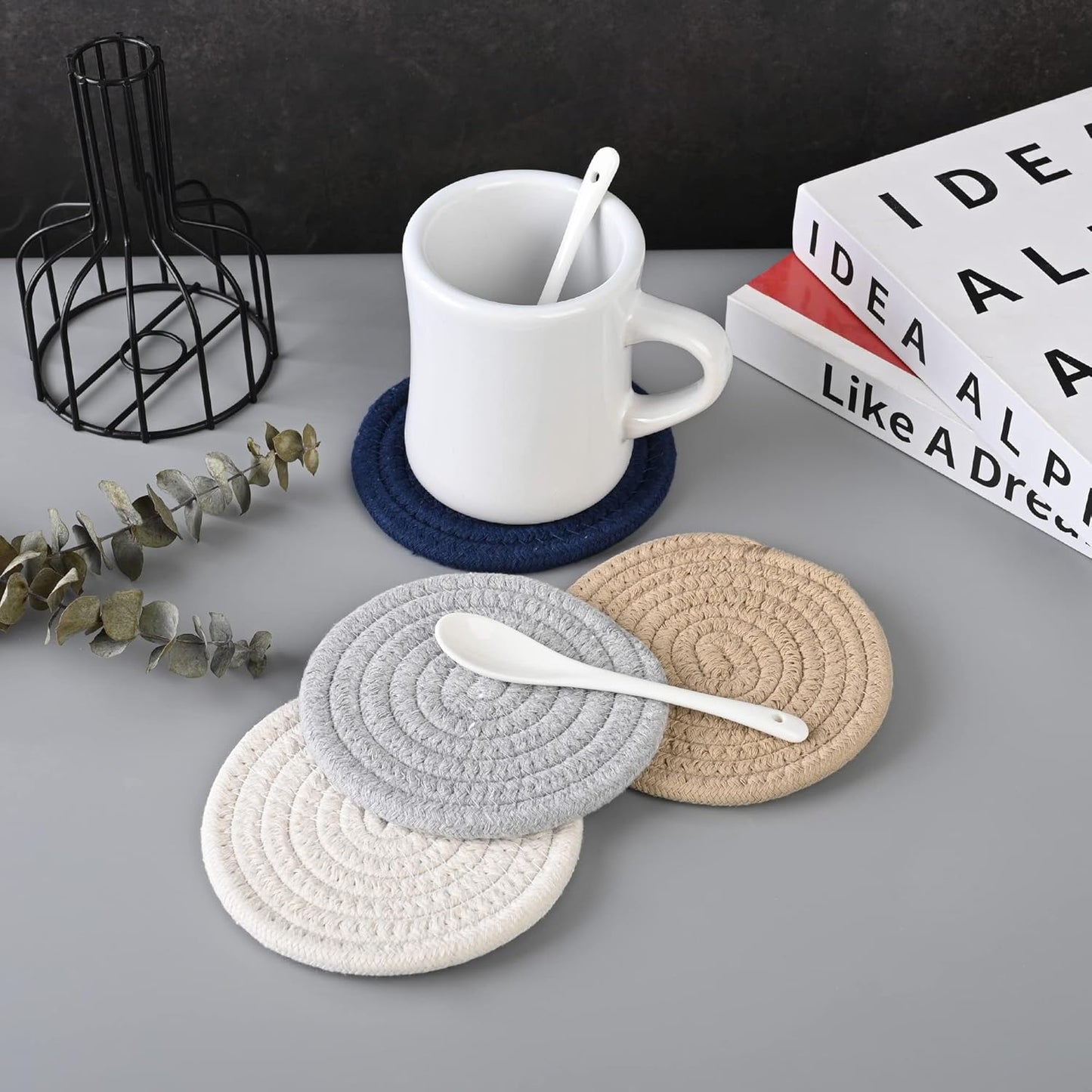 11oz Ceramic Diner Coffee Mug set Stoneware Coffee Cups Set for Restaurant, Diner, Farmhouse, Coffee Shop, Home set of 4 with Coffee spoons and Woven coasters (white)