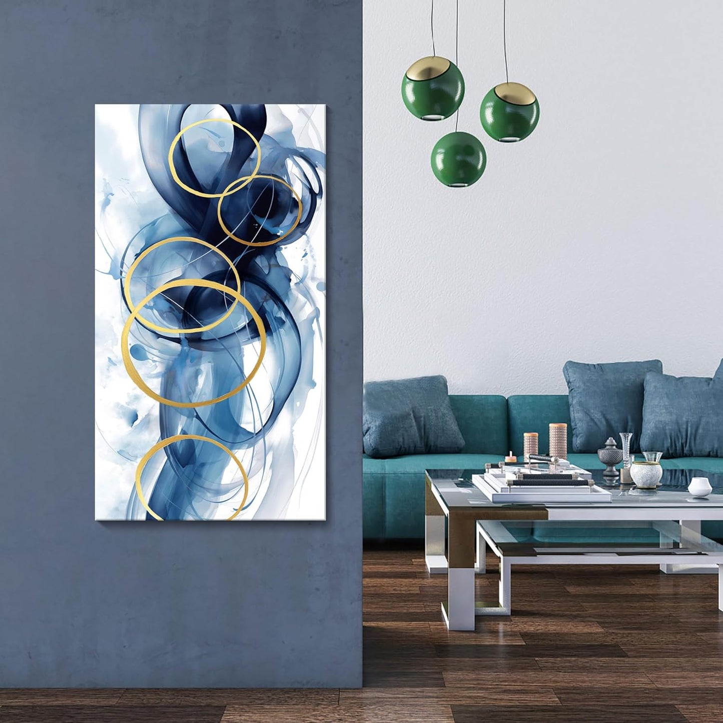 HKDGOKA Blue Abstract Wall Art, Graffiti Ink Gradient Living Room Canvas Artwork White Gold Large Wall Picture Modern Office Paintings for Kitchen Dining Room Bedroom Wall Decor 24x48 IN
