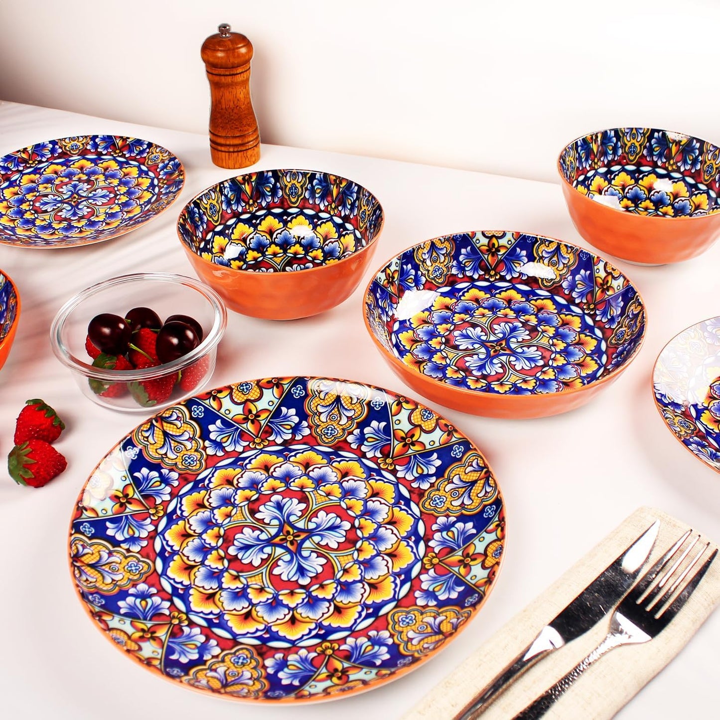 Mandala Dinnerware Sets, Plates and Bowls Set, Porcelain Dishes (16 Pieces) Service for 4, Zanzibar, Bohemian Style Dining Ware, for Kitchen and Dining Multicolor Dinnerware Set, Orange