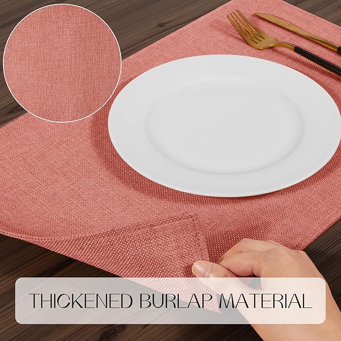 Romanstile Cloth Placemats Set of 4-12 x 18 Inch, Heat Resistant Double Layered Thickened Burlap Fall Place Mats, Washable Faux Linen Farmhouse Table Mats for Kitchen/Dining/Party/Outdoor, Orange