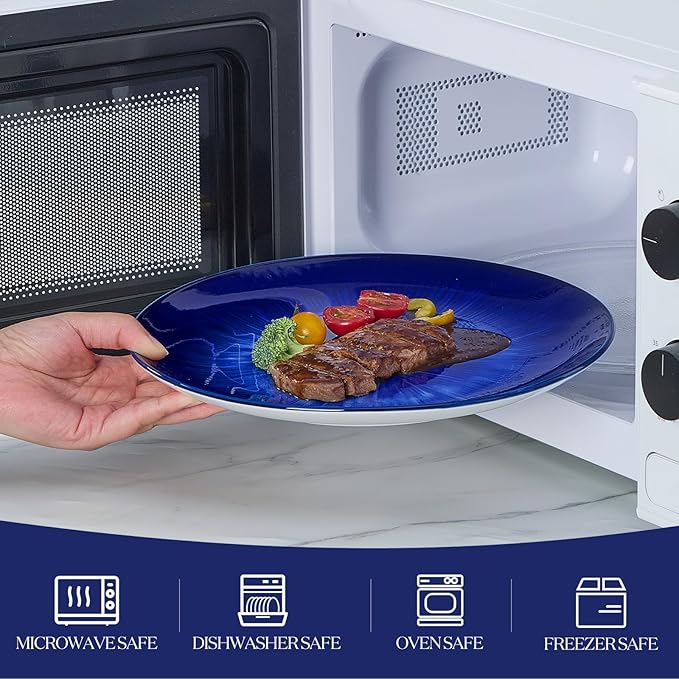 Bestone Porcelain Dinnerware Sets Service for 4, 12 pcs Hand drawn Plates and Bowls Sets, Handmade Ceramic Dish Set, Chip Resistant Modern Plate Set, Dishwasher/Microwave Safe，Dark Blue