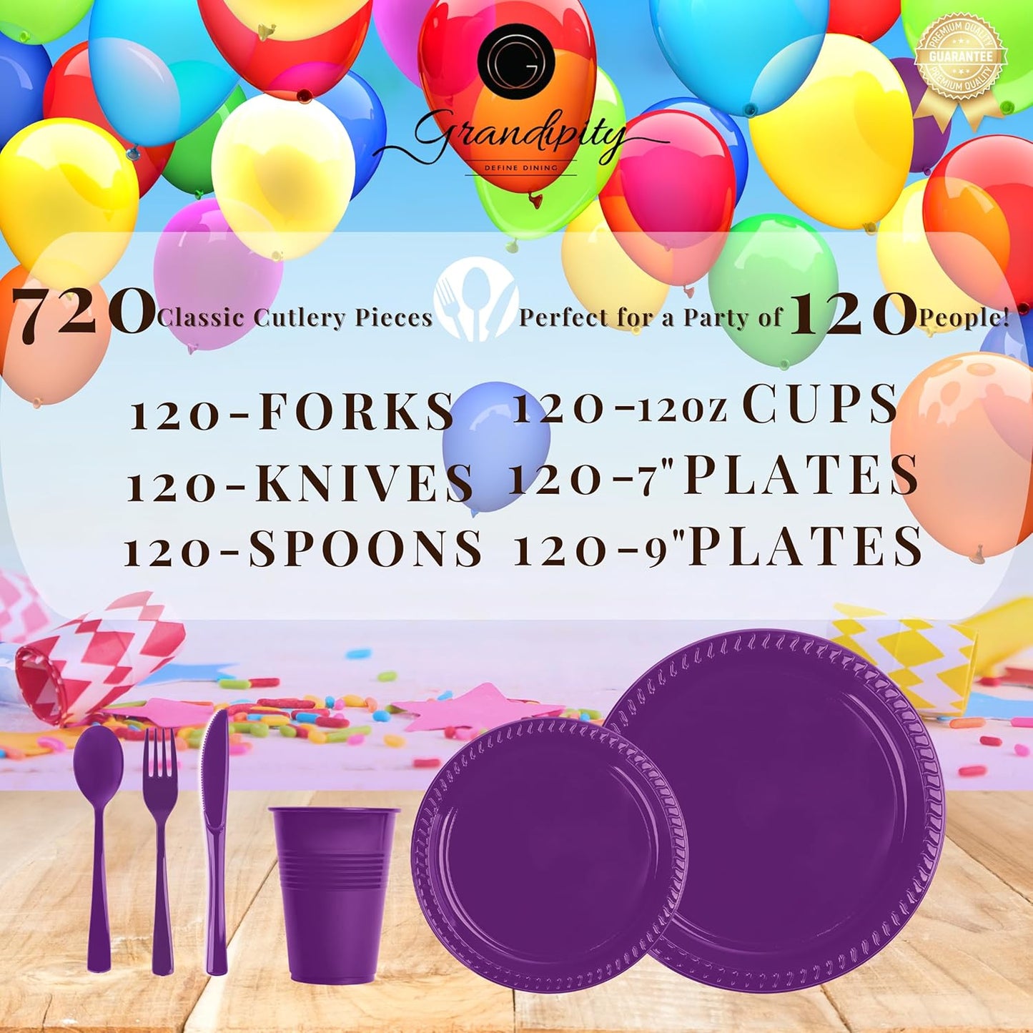 Grandipity 720 Piece Purple Disposable Dinnerware Set, Plastic Dinnerware Set Includes 120 Count 9' Dinner Plates, 7' Dessert Plates, 12oz Cups, Forks, Knives & Spoons