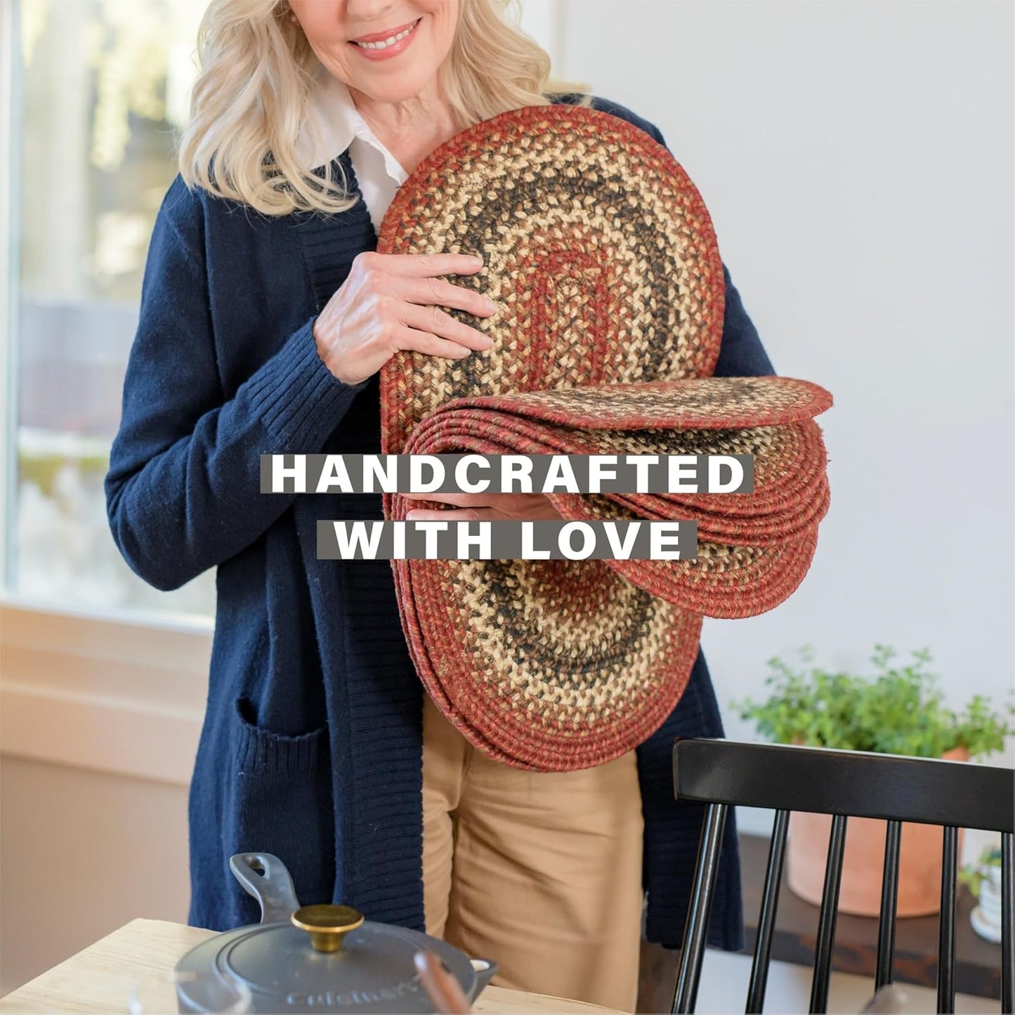 Homespice Chester Jute Woven Placemats, Warm Lodge and Cabin Decor, Set of 4, Red 13x19 Rectangle Table Mats - Vibrant Colors, Durable, Easy to Clean and Protects Furniture