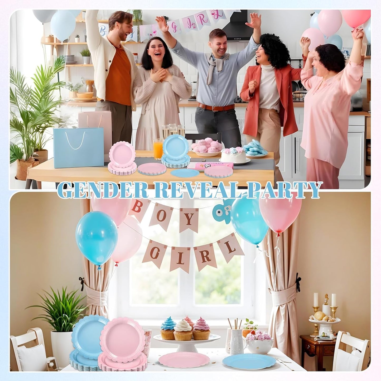 30 Pcs Gender Reveal Plates 9 Inch Disposable Scalloped Pink and Blue Plates Cute Dessert Cake Dinner Plate for Baby Shower, 1st Birthday