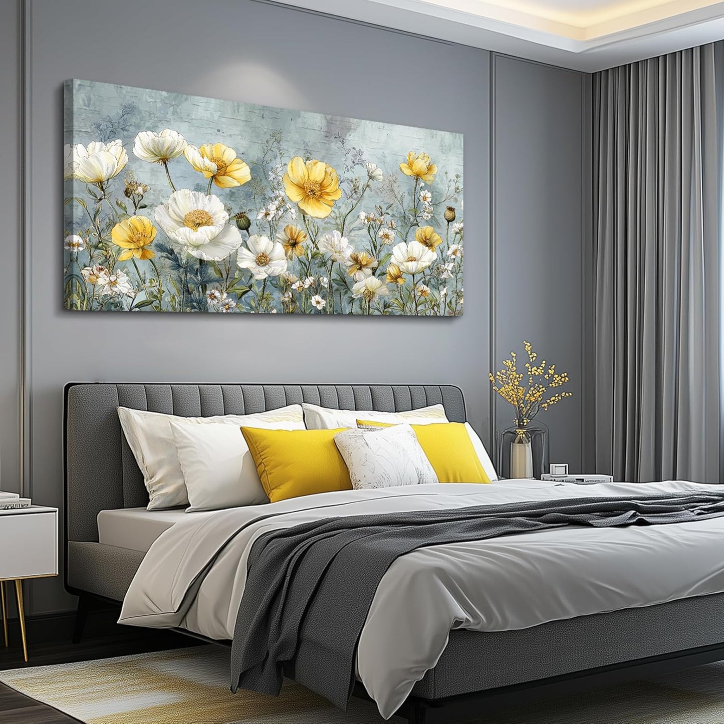 QIYILEXWART Canvas Wall Art For Living Room Large Wall Decor For Office Bedroom Decorations Yellow White Flowers Landscape Pictures Farmhouse Painting Artwork Room Wall Mural Aesthetic Home Decor 30x60 In