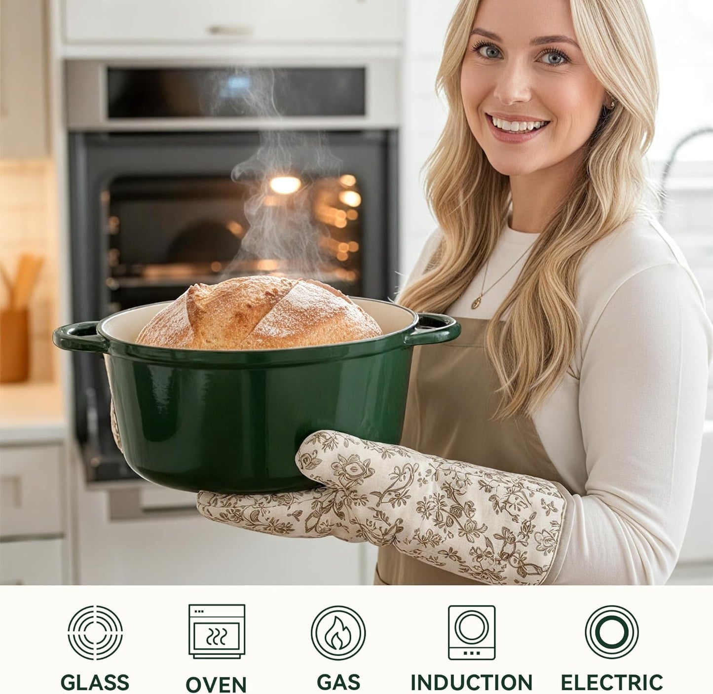 4.5 Quart Dutch Oven Pot with Lid, Non Stick Enameled Cast Iron Dutch Oven for Bread Baking, Heavy-Duty, Oven Safe Ceramic Cookware Up to 500°F for Baking, Braising, Stews, Roasting, Green