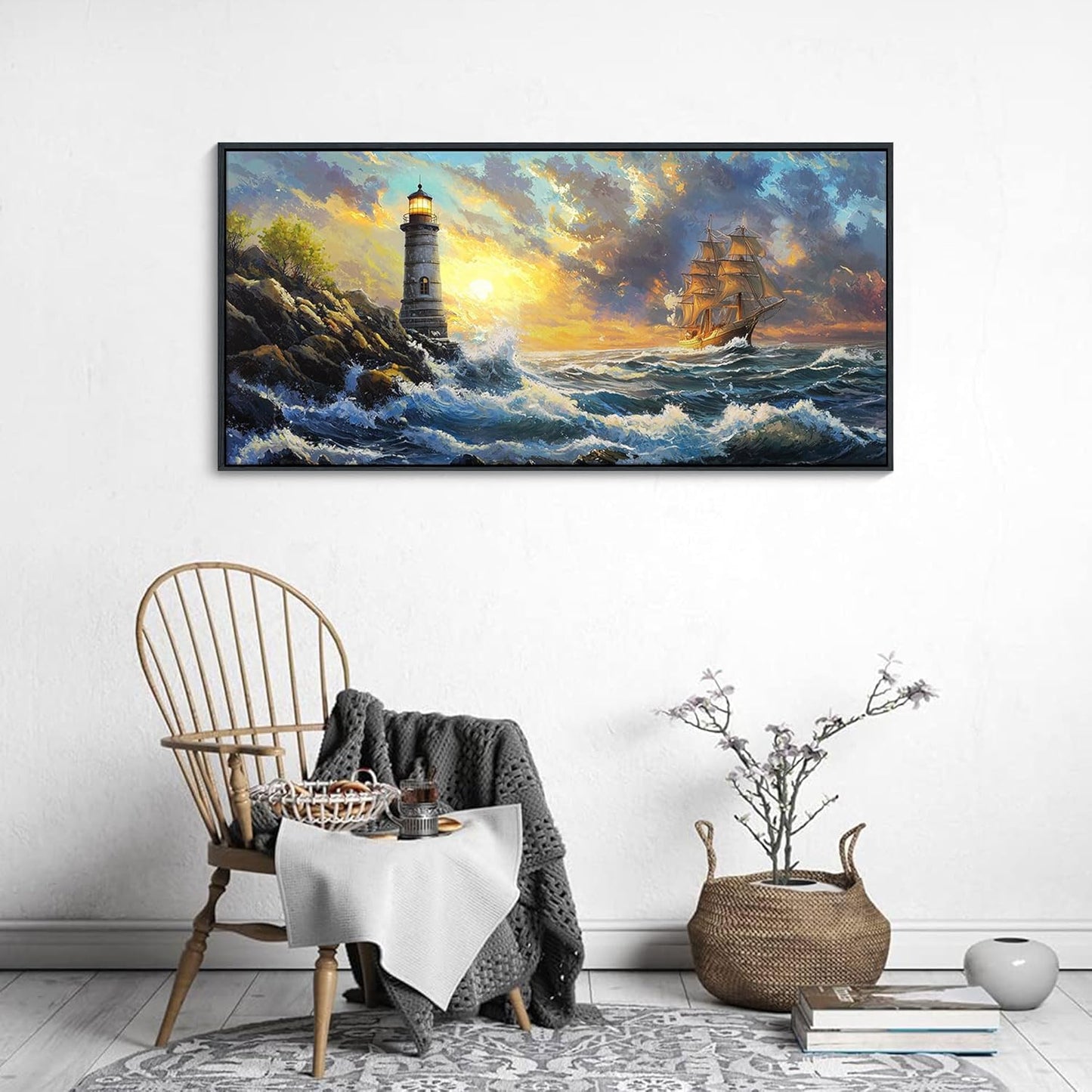 CHATYOUNG Sunrise Pictures Wall Art, Big Waves Sailboat Lighthouse Ocean Adventure Landscape Canvas Framed Paintings Ready to Hang Living Room Bedroom Bathroom Kitchen Home Office Decor 20x40 IN