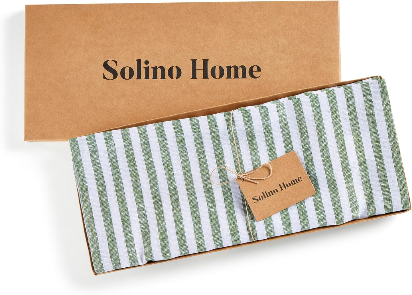 Solino Home Striped Linen Table Runner 36 Inches - Amalfi Stripe, 100% Pure Linen Green and White Small Table Runner 14 x 36 Inch Ideal for Dresser and Coffee Tables - Fall, Halloween, Christmas