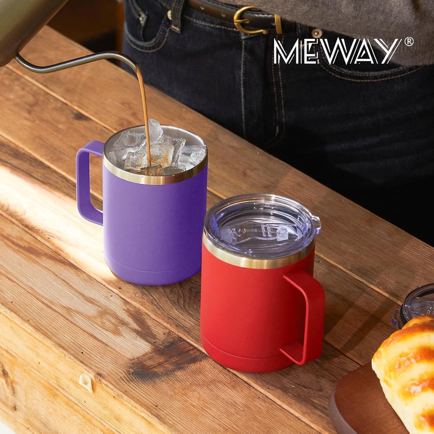 MEWAY 12oz Coffee Mug With Handle 8 Pack Bulk,Stainless Steel Insulated Travel Tumblers With Sliding Lid,Double Wall Vacuum Camping Cup for Hot & Cold Drinks Tea (Purple,Set of 8)