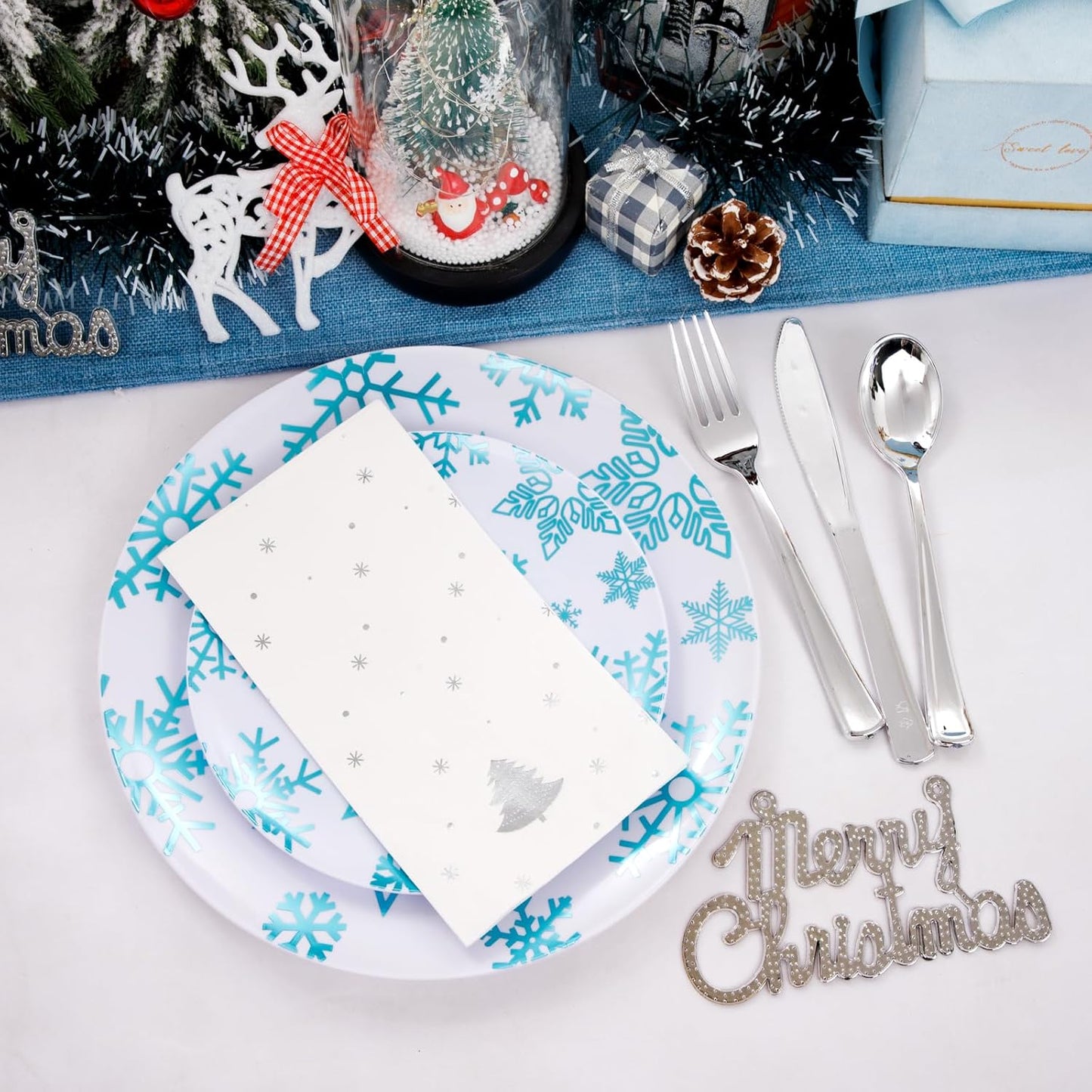 WDF 175Pcs Christmas Plates and Napkins Disposable Dinnerware Set for 25 Guests, White Blue Plates with Silverware, White Snowflake Cups and Festive Holiday Napkins Perfect for Christmas Winter
