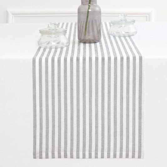 Solino Home Table Runner 108 Inches Long - Amalfi Stripe, 100% Pure Linen Grey and White Table Runner 14 x 108 Inch for Dining, Fall, Autumn