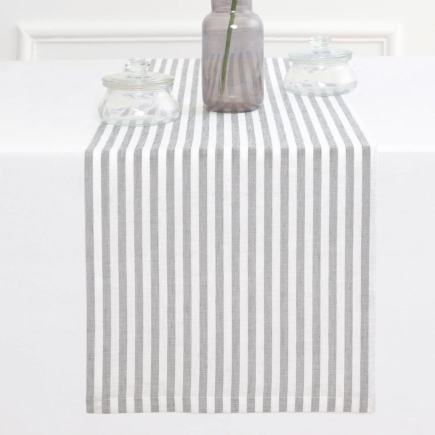 Solino Home Table Runner 120 Inches Long - Amalfi Stripe, 100% Pure Linen Grey and White Table Runner 14 x 120 Inch for Dining, Fall, Autumn