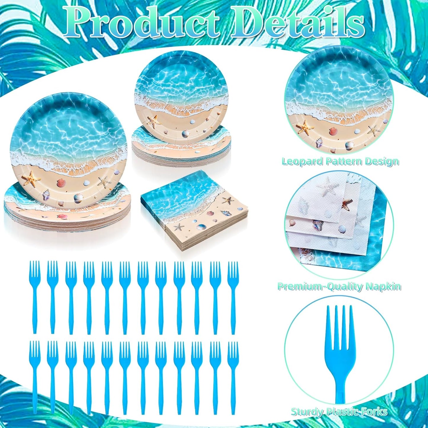 100 Pcs Summer Beach Tableware Party Supplies - Disposable Ocean Waves Hawaiian Dinnerware Set with Plates, Napkins, and Forks for Beach Theme, Luau, Tropical Pool Party Decorations - Serves 25