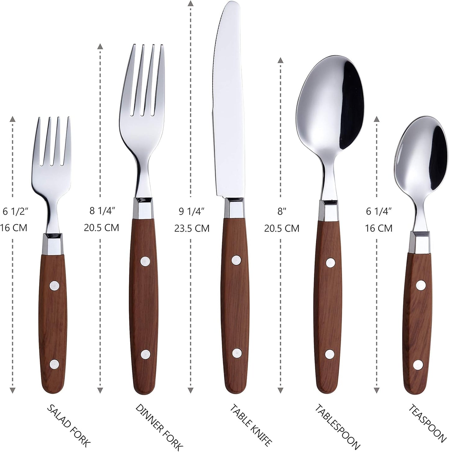 ANNOVA Silverware Set, Retro/Rivet Colorful Stainless Steel Tableware Kitchen Flatware Set Utensils, Includes Dinner Knives, Forks, Spoons, Salad Forks & Dessert Spoons (Wood, 20 Pieces)