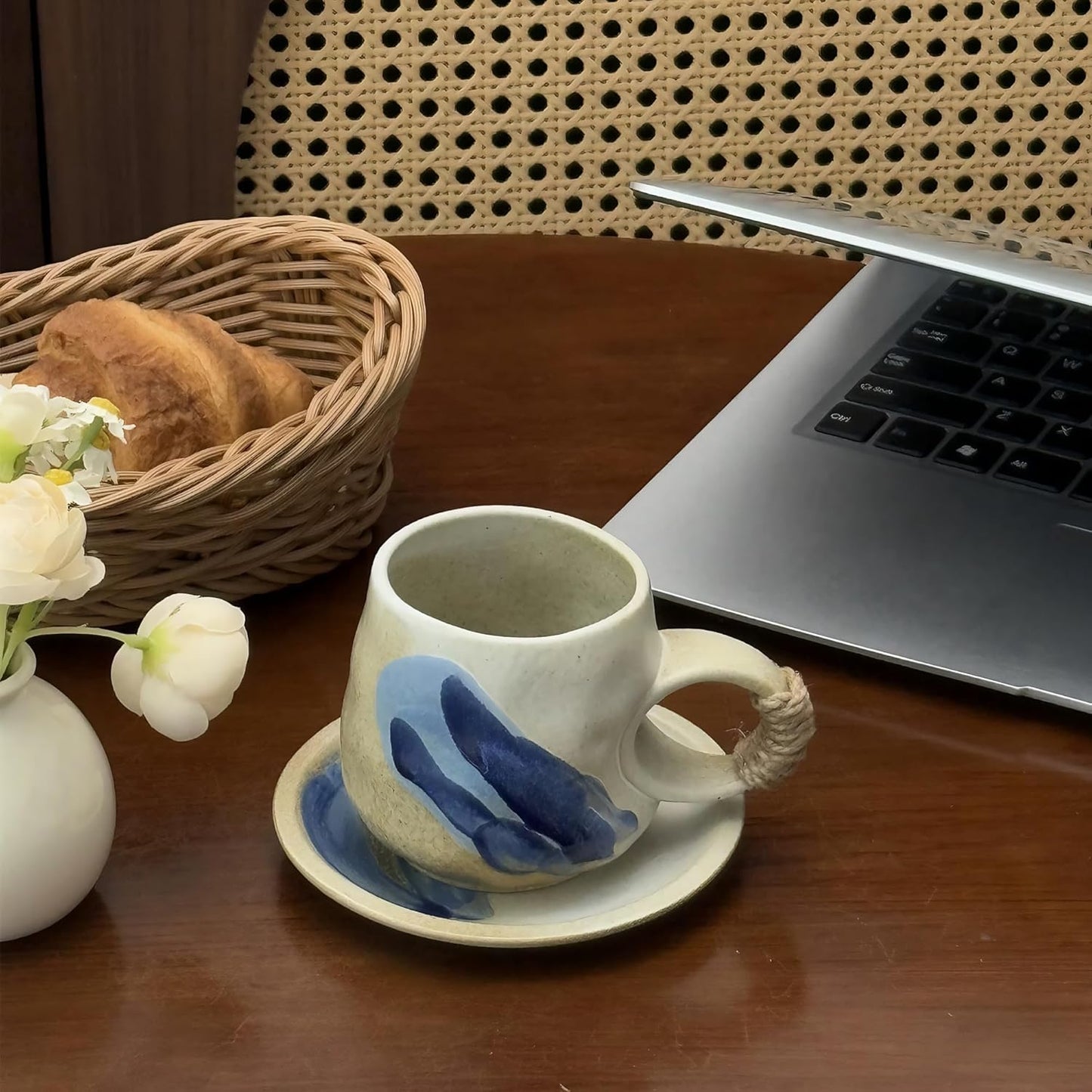 10oz Unique Vintage Retro Japanese Handmade Ceramic Cappuccino Barista Cup with Saucer – Artisanal Stoneware Coffee Mug, Lead-Free Latte Art Mug (1, White)