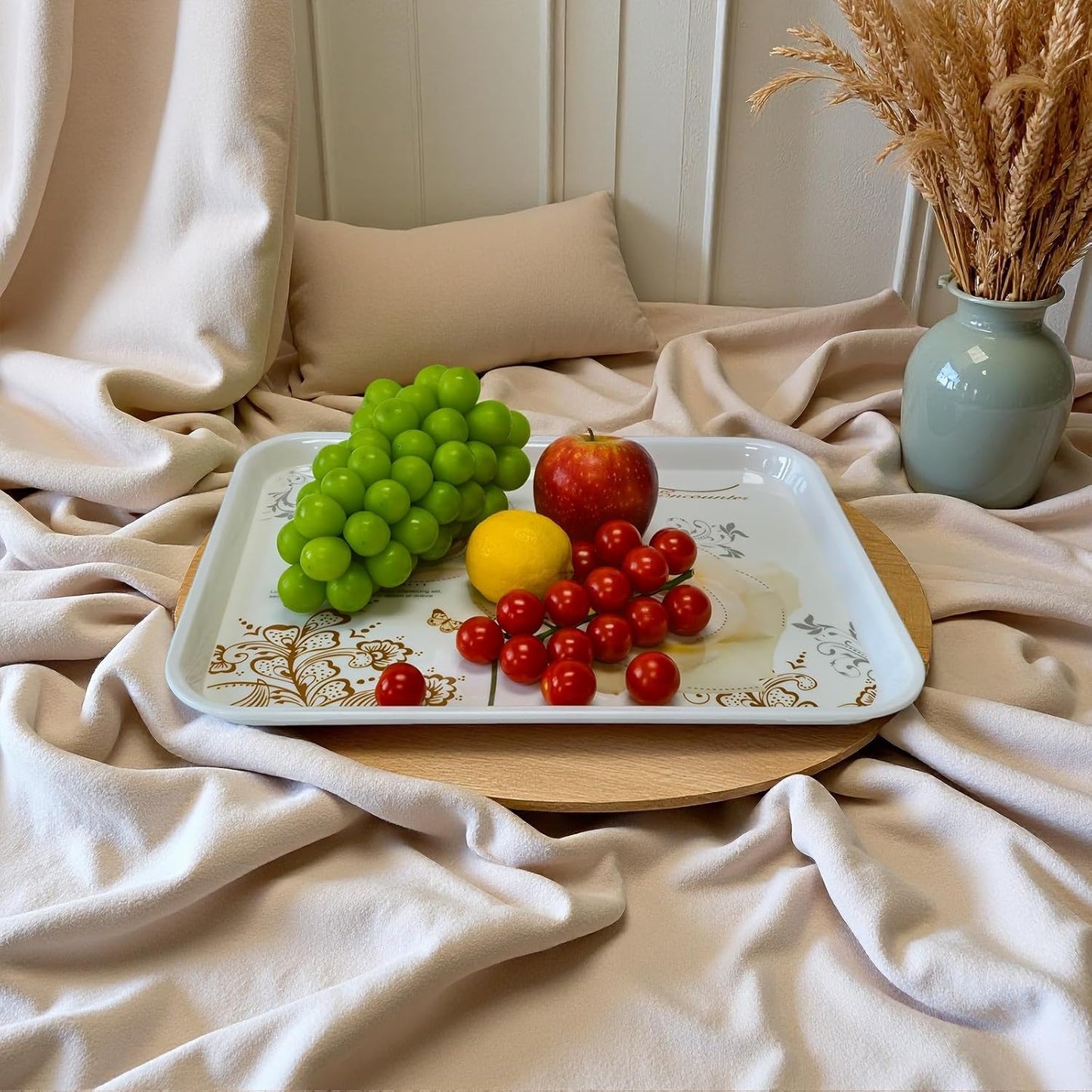 Large Serving Platter Melamine Trays 2 Pack Stackable Food Tray with Floral Print for Gift, Party, Decor, Home, Restaurant (Gold Rose, Large)