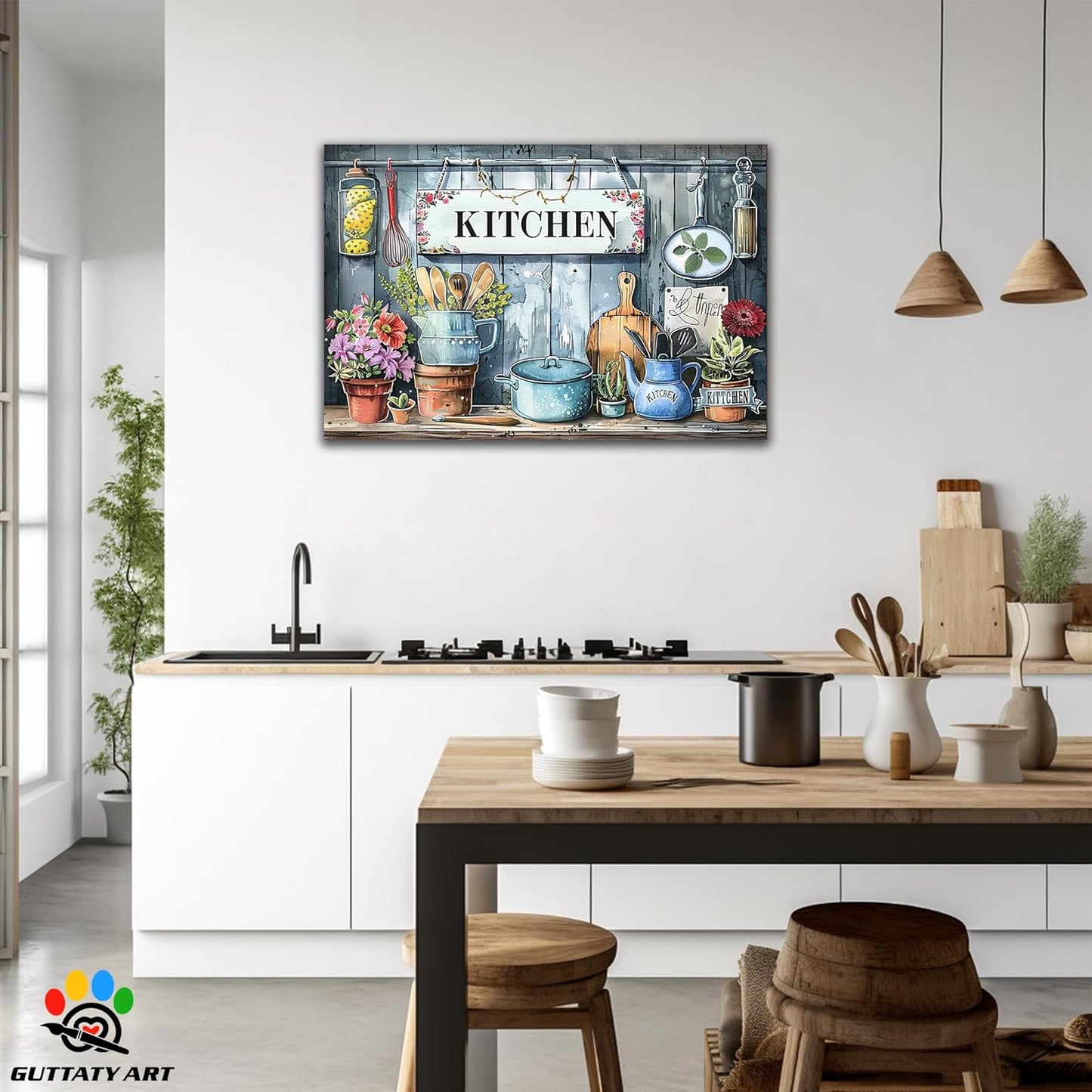 GUTTATY Kitchen Pictures Wall Decor, Farmhouse Wall Art Colorful Flowers and Various Spoons Painting for Dinning Room Restaurant Decor, Mother's Day Gift for Grandma Mom Hanging Artwork 32×48 Inch