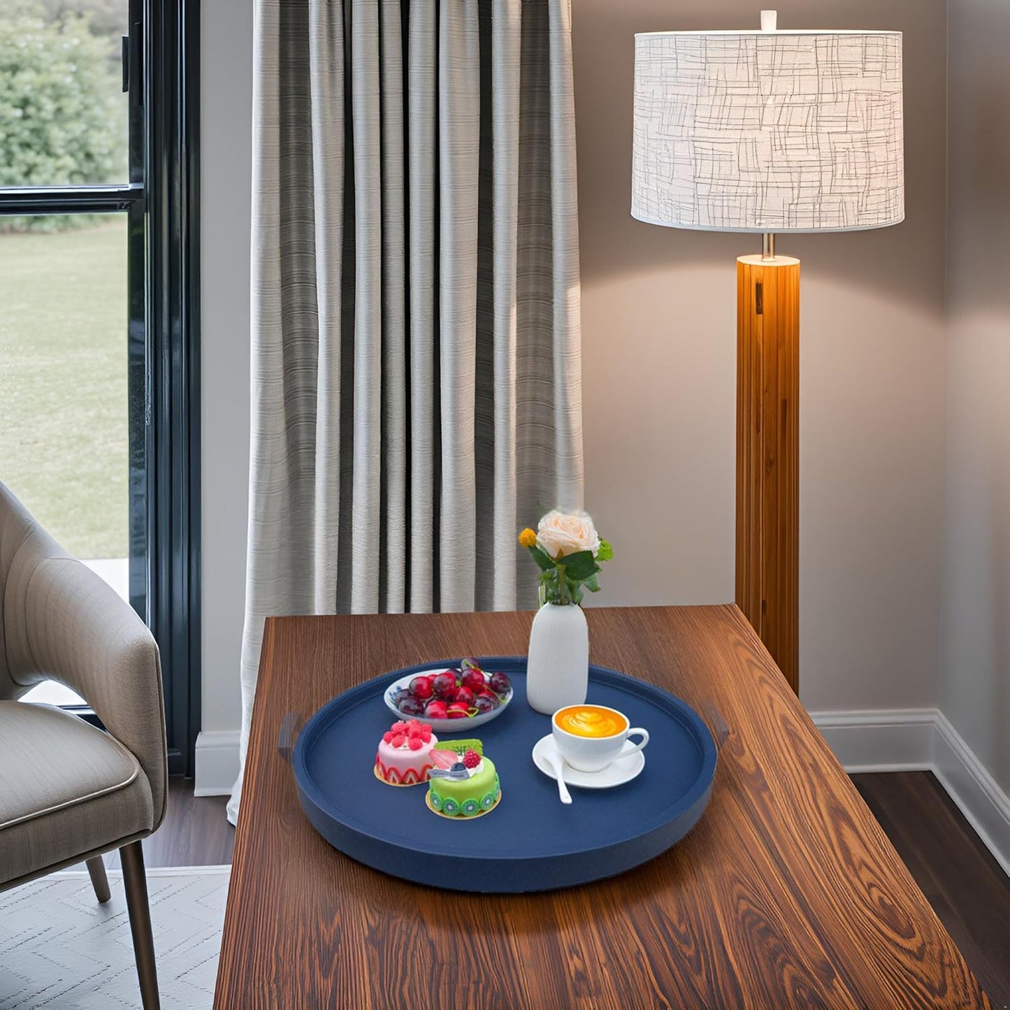 20-inch Round Ottoman Serving Tray - Textured PU Leather Coffee Table Decor, Waterproof Heat-Resistant Large Organizer for Home, Office, Bed & Party Essentials (Navy Blue, 20in)