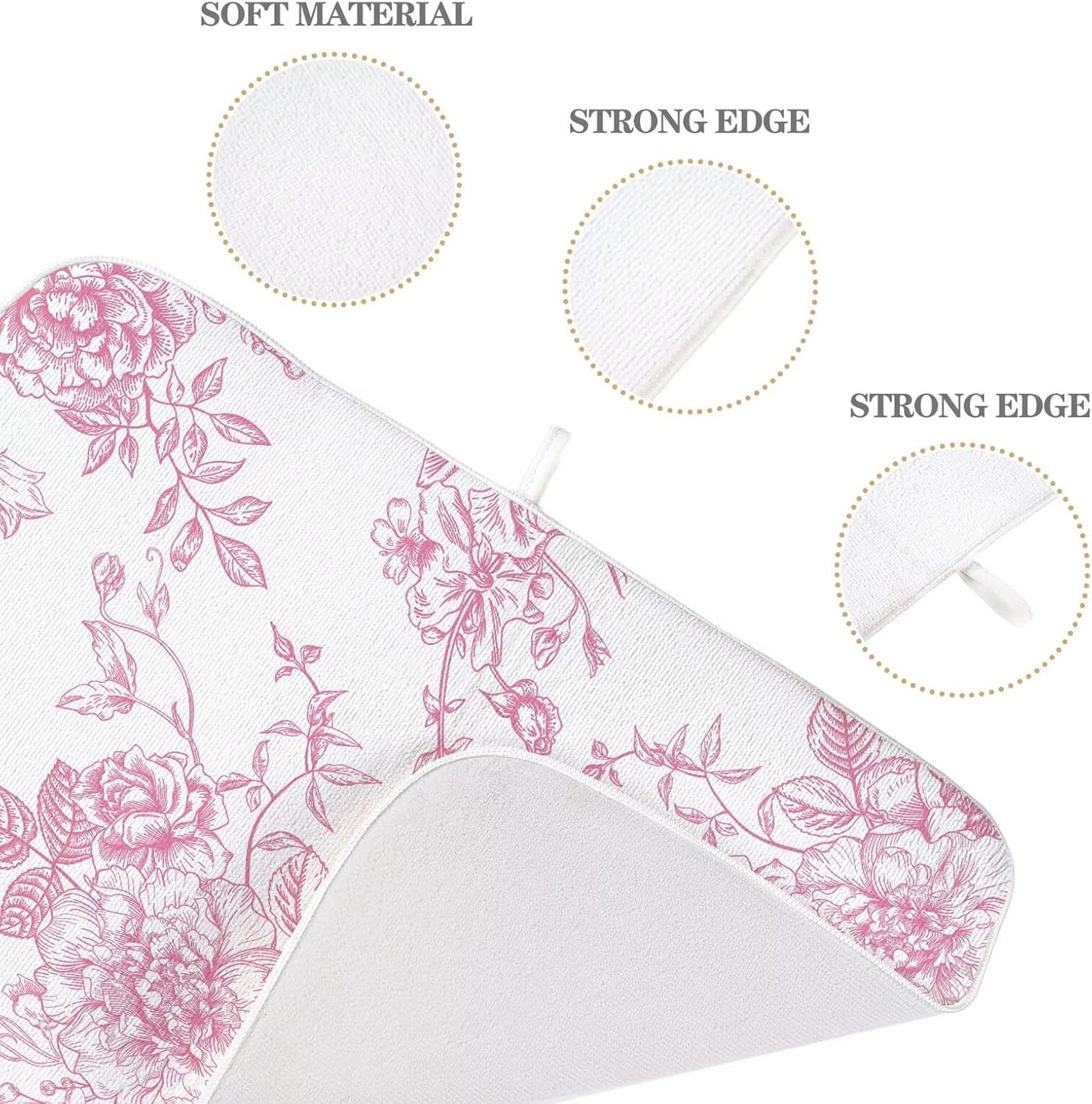 Pink Chinoiserie Floral Dish Drying Mat 18 x 24 inch Vintage Flower Decorative Drying Mats Microfiber Absorbent Dish Washable Draining Mat for Kitchen Counter Decor