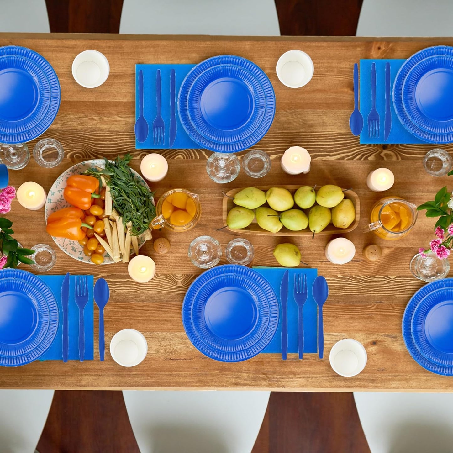 210pcs Thanksgiving Blue Paper Plates Disposable Tableware Party Supplies - Includes 9" Dinner Plates, 7" Dessert Plates, 9oz Paper Cups, Napkins, Plastic Forks Serves 30