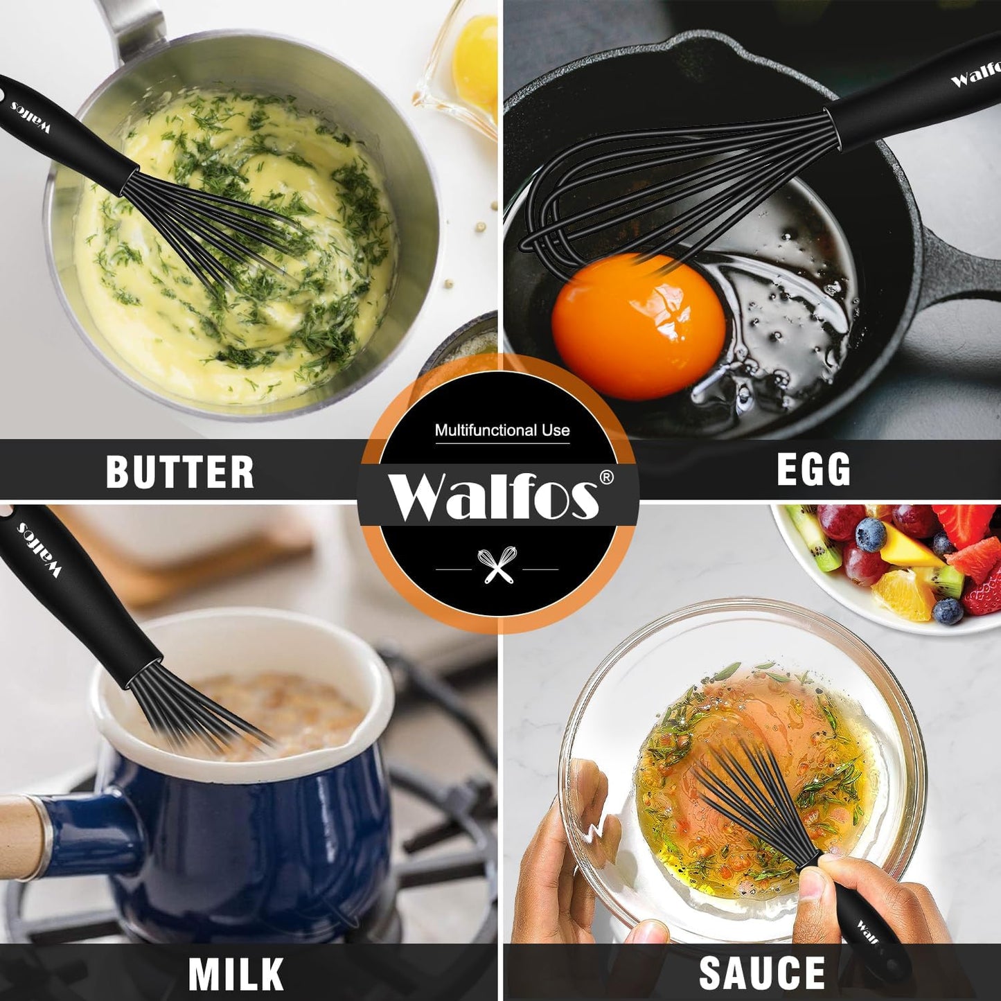 Walfos Whisk 5+7in/12cm+17cm Mini Whisk,Silicone Whisks Non Scratch Heat Resistant (480°F). Nice for stirring individual eggs and mixing small amounts of powder and sauce.Dishwasher Safe.Black