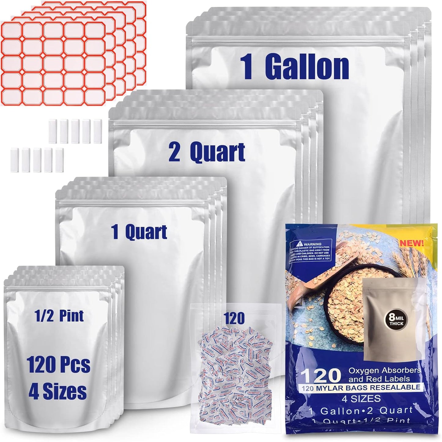 120 Mylar Bags for Food Storage with Oxygen Absorbers 300cc, 8 Mil 1Gallon 10"x14", 7.5"x11.5", 6"x9", 4.3"x6.3" Stand-Up Zipper Resealable Bags & Heat Sealable Food Storage Bags + Labels