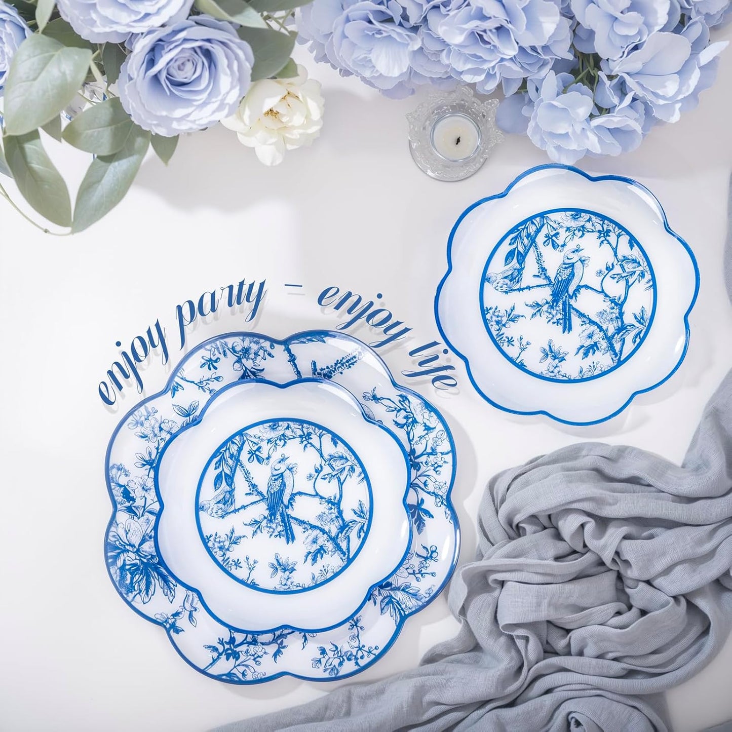 LIYH 60 Pcs Blue Plastic Plates Set - Heavy Duty Floral and White Plastic Plates for Party Wedding Elegant Plate Bridal Shower Floral Dinnerware Set - 10.25" Dinner & 7.5" Dessert Plate