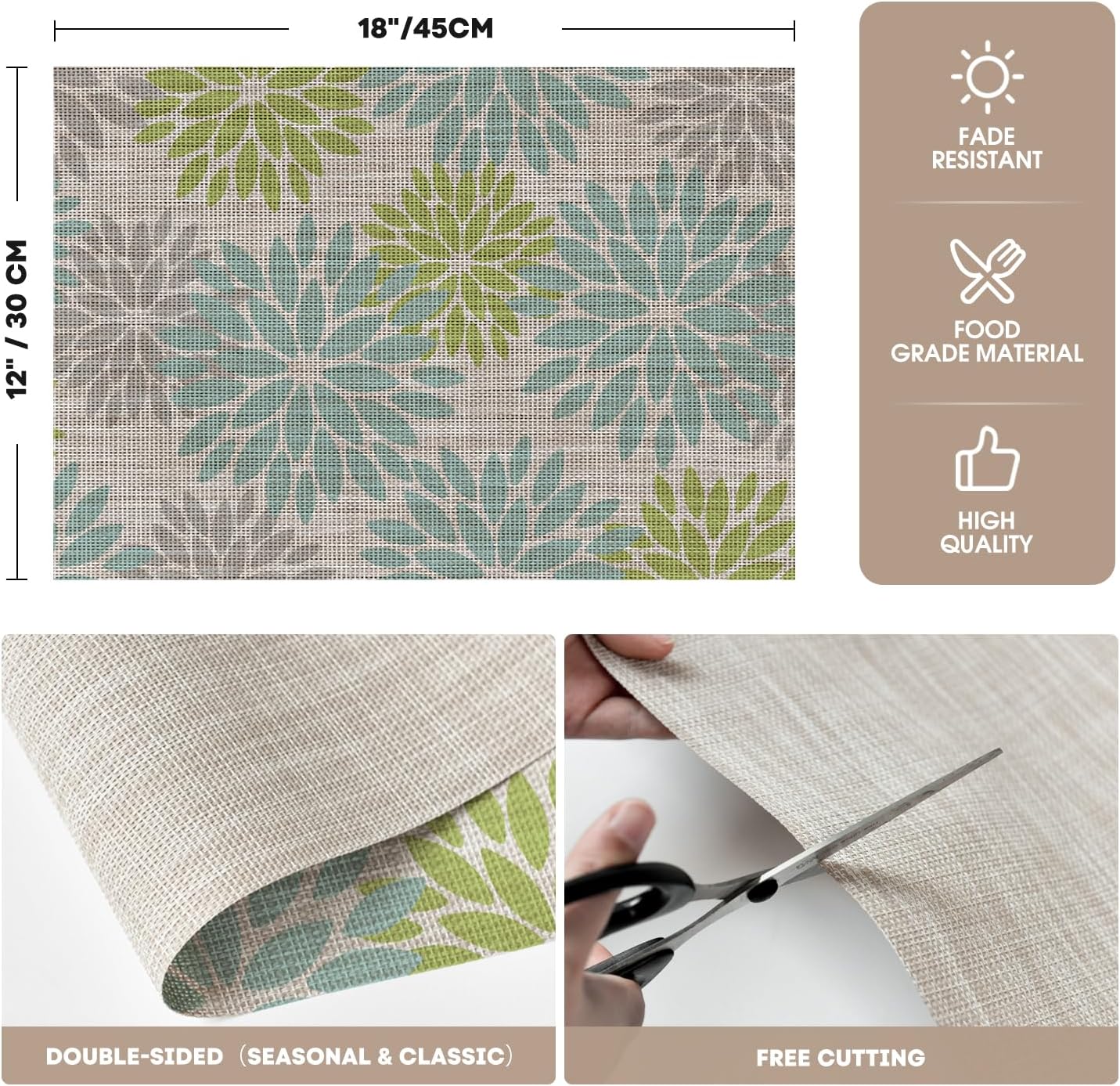 Artoid Mode Floral Vinyl Placemats Set of 4, Heat Resistant Washable Non-Slip Plistic PVC Place Mats for Party Kitchen Dining Decor, Sage