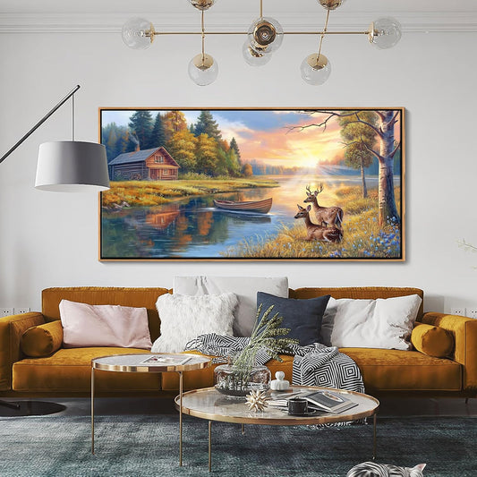 KLAKLA Large Deer Wall Art for Living Room Canvas Prints Decor Decoration Country Tractor Rustic Wildlife Artwork Ready to Hang for Bedroom Home Office Black Framed Wall Art