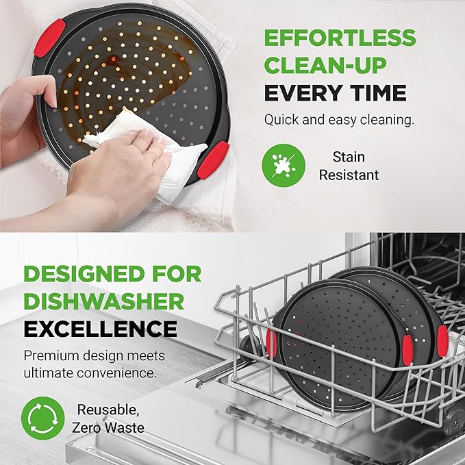 NutriChef 2-Piece 13-Inch Nonstick Pizza Tray, Round Carbon Steel Non-Stick Pizza Pan with Perforated Holes, Premium Bakeware Pizza Screen with Silicone Grip Handles, Dishwasher Safe, NCBPIZX2