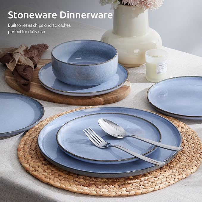 E-far Dinnerware Sets for 6, 18-Piece Plates and Bowls Set, Reactive Glaze Dishes, Stoneware Dinning Ware Set, Microwave & Dishwasher Safe - Ocean Blue
