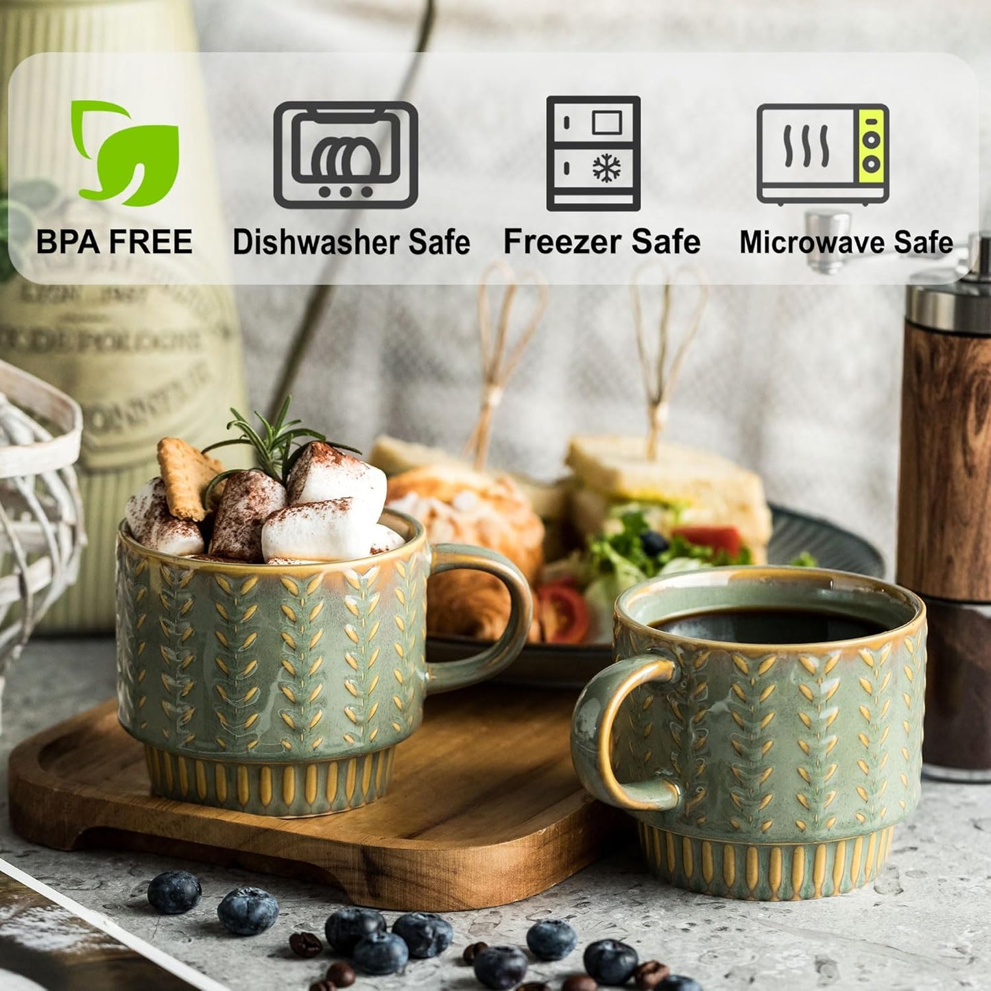 Coffee Mugs Set of 4 with Spoons & Rack, Stackable Espresso Cups 13oz Coffee Mug for Drinks Latte Cappuccino Tea, Turkish Coffee Cup for Housewarming Wedding Gift, Dishwasher Safe