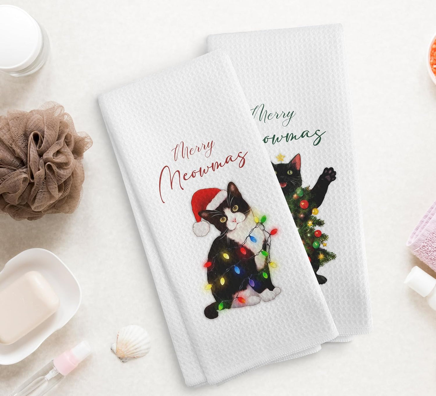 Black Cat Christmas Tree Lights Decor Kitchen Towels and Dishcloths Set of 2, Cat for Cat Lovers, Funny Cat Drying Cloth Hand Towels Tea Towels for Bathroom, 16×24 Inches