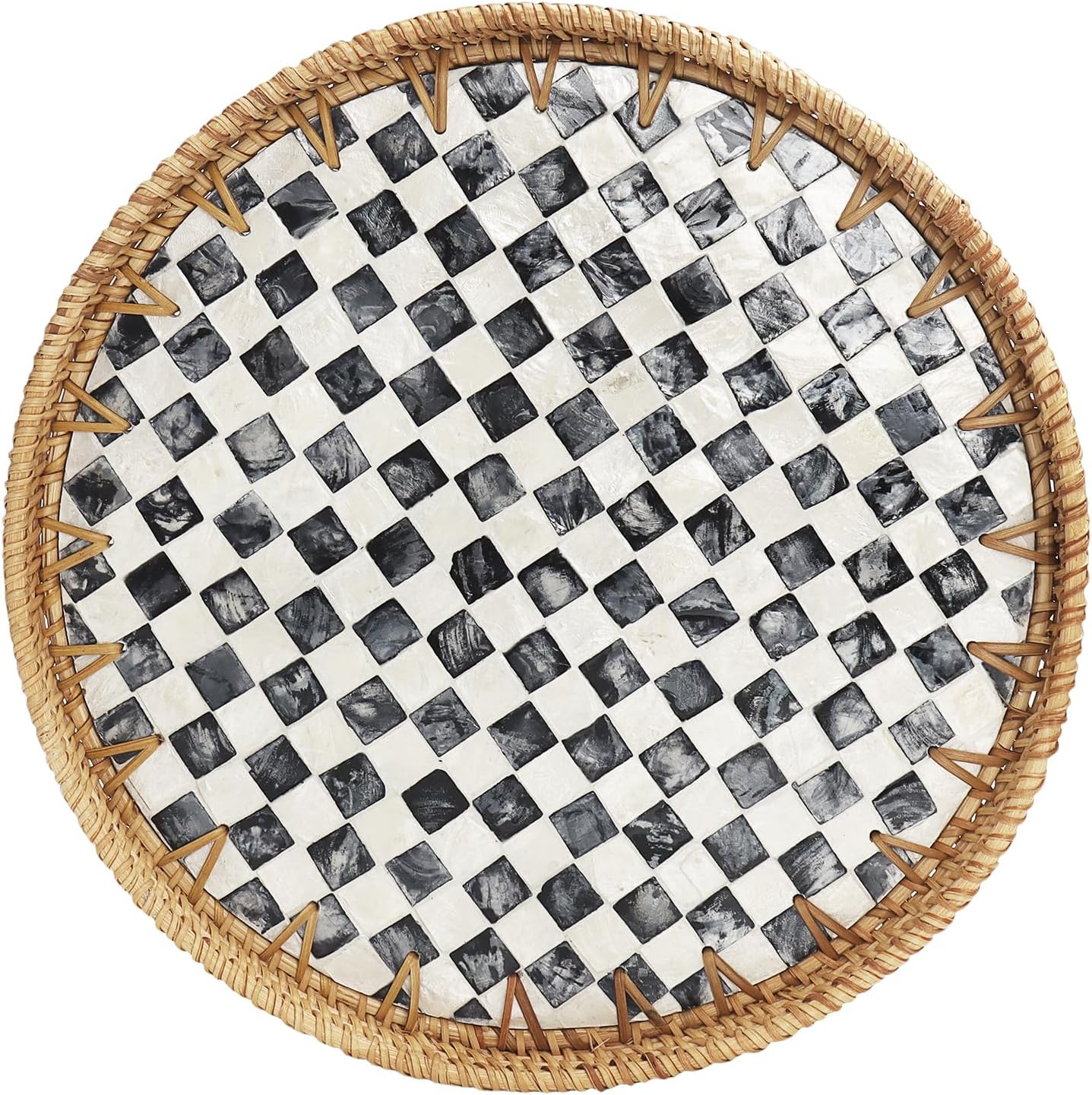 Round Rattan Tray with Mother of Pearl Inlay, Decorative Serving Tray with Wooden Base, Woven Wicker Tray for Coffee, Bread, Fruits, Home Decor(Black Checkerboard, 11.8")