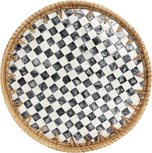 Round Rattan Tray with Mother of Pearl Inlay, Decorative Serving Tray with Wooden Base, Woven Wicker Tray for Coffee, Bread, Fruits, Home Decor(Black Checkerboard, 11.8")
