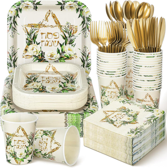 350 Pcs Paper Plates and Napkins Set Disposable Dinnerware Party Supplies Tableware Serve 50 Guest Cups Knife Forks Spoon(Green,Gold,Passover)