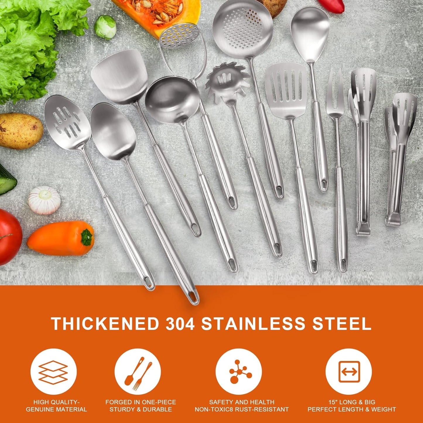 304 Stainless Steel Cooking Utensils Set, Stainless Steel Kitchen Utensils, 12 PCS Long Large Metal Cooking Utensil Tools Set, Potato Masher, Fork, Tongs, Pasta, etc (Dishwasher Safe)