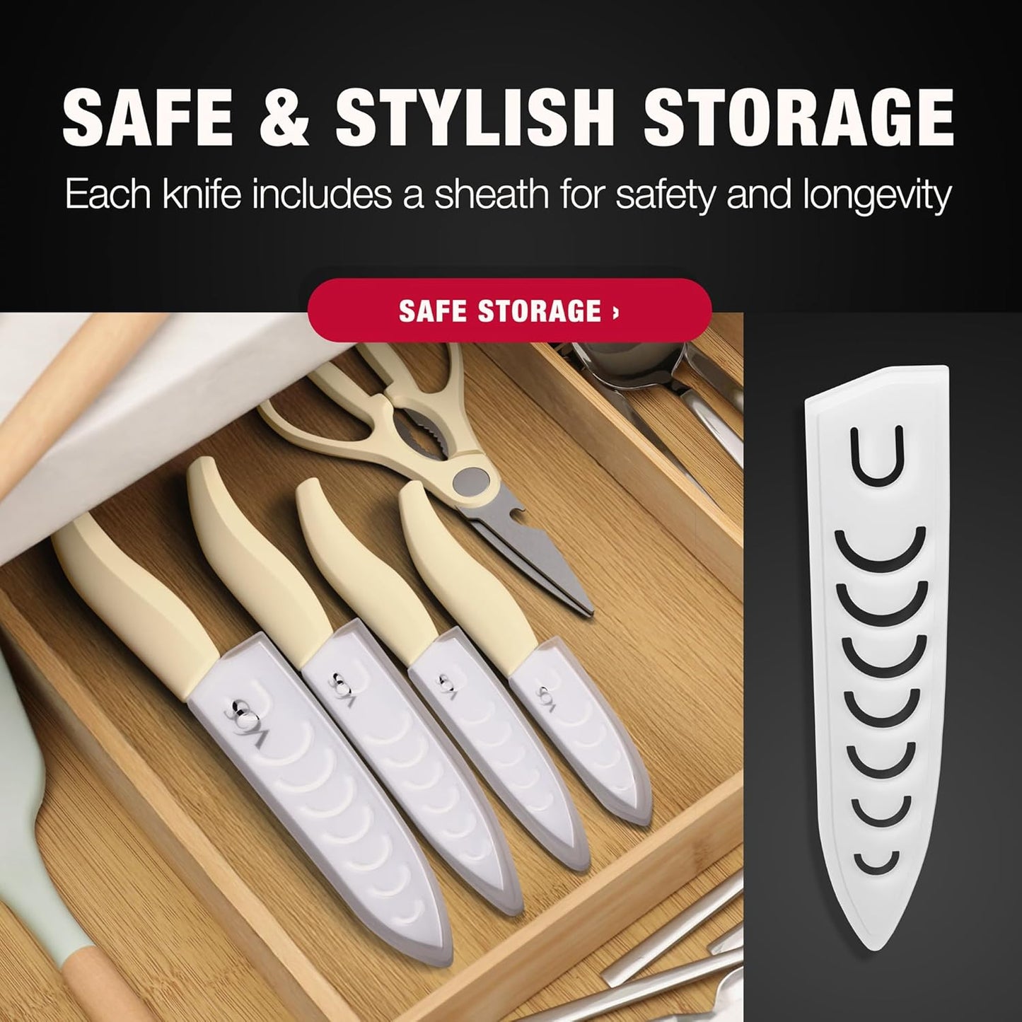 Vos Ceramic Knife Set in Elegant Gift Box, Ceramic Knives Set For Kitchen, Ultra Sharp Kitchen Knife Set & Covers, 3" 4" 5" 6" Paring, Santoku, utlity & Chef Knife, Scissors included (Off-White)